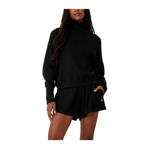 Alo Yoga 'Waffle' Black Weekend Escape Mock Neck Long Sleeve Top Size S - Picture 1 of 4